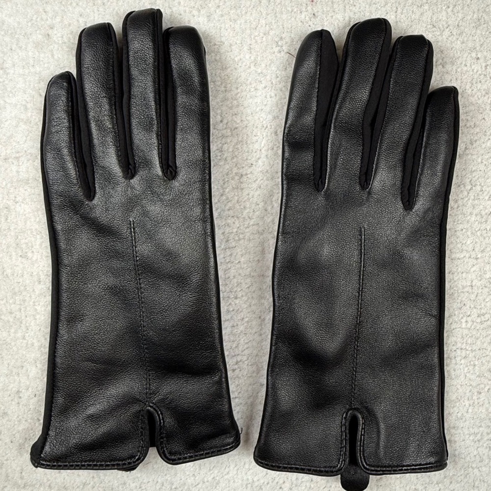 Black Leather Touchscreen Compatible Fleece Lined Gloves One Size sleek warm